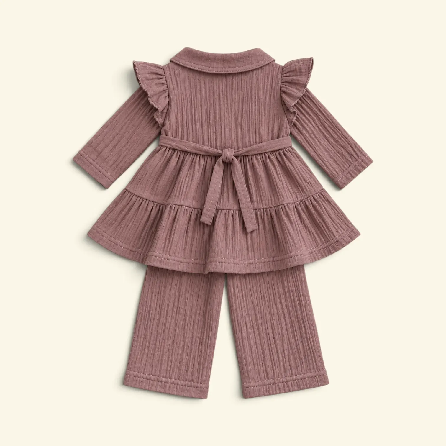 dusty mauve muslin baby girl frock and pant set