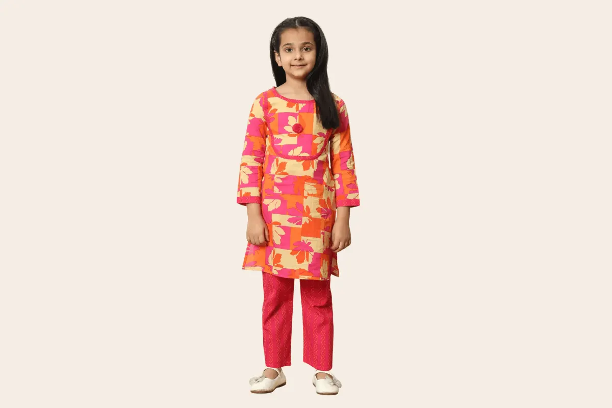 Pink Printed Cotton Kurti & Palazzo Festive Set