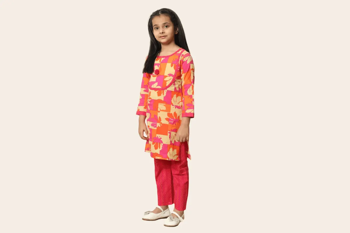 Pink Printed Cotton Kurti & Palazzo Festive Set