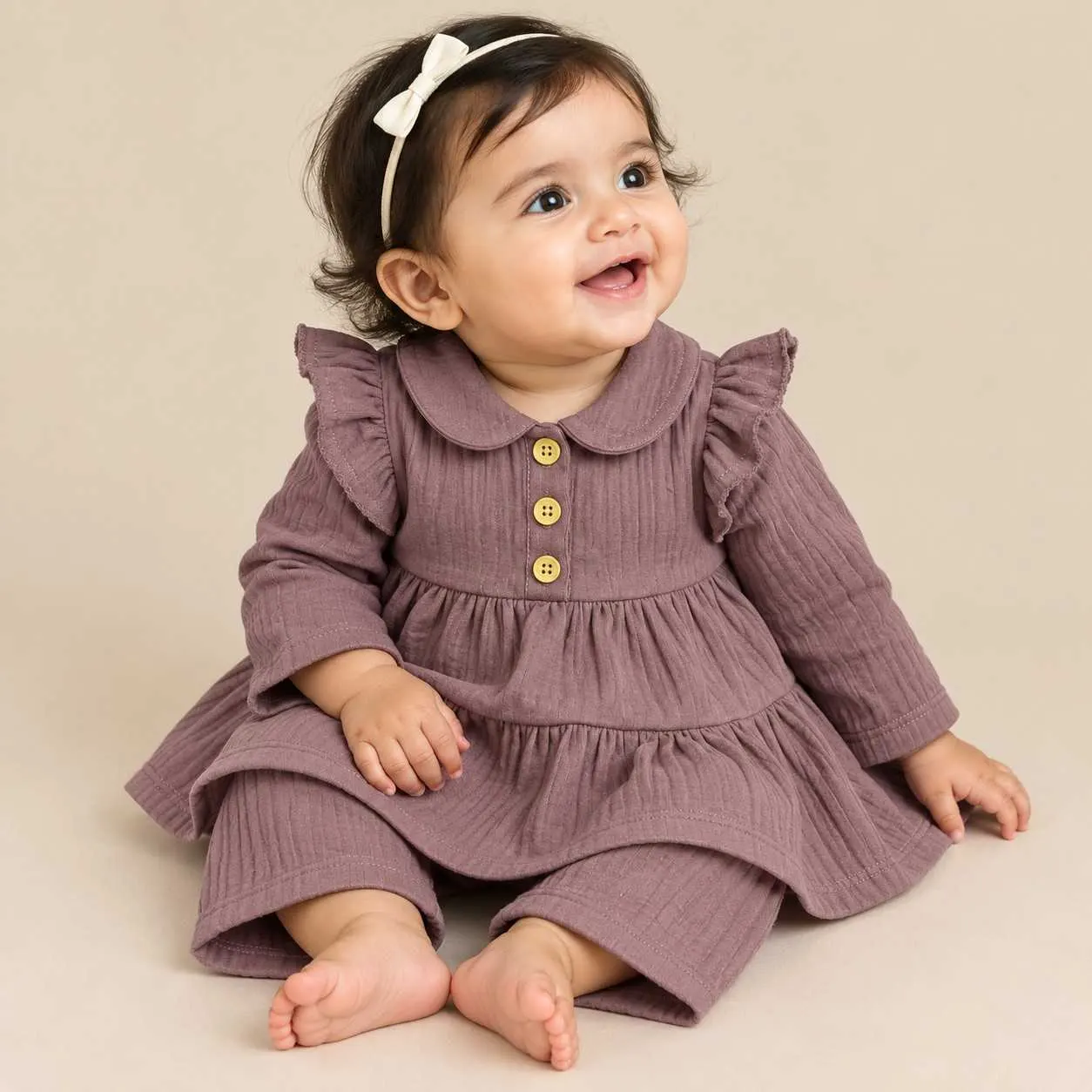 Dusty Mauve Cotton Muslin Baby Girl Frock & Pant Set