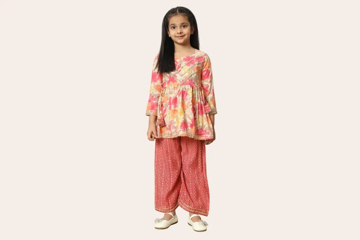Pink Floral Silk Kurti & Palazzo Festive Set
