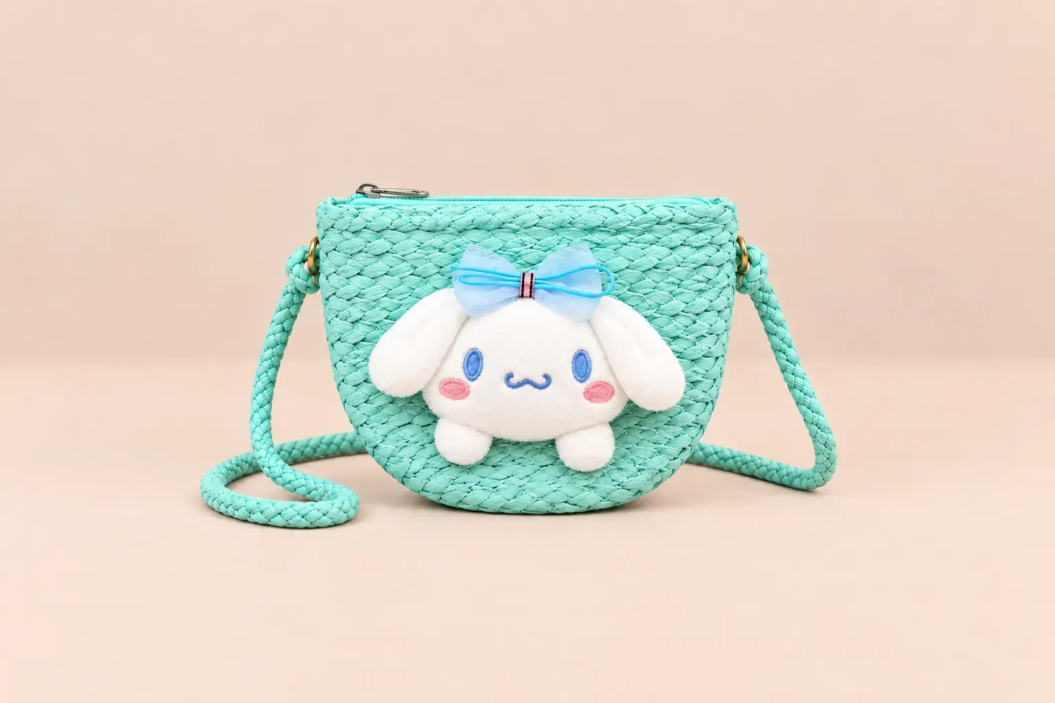 Aqua Jute Sling Bag for Girls with Plush Bunny