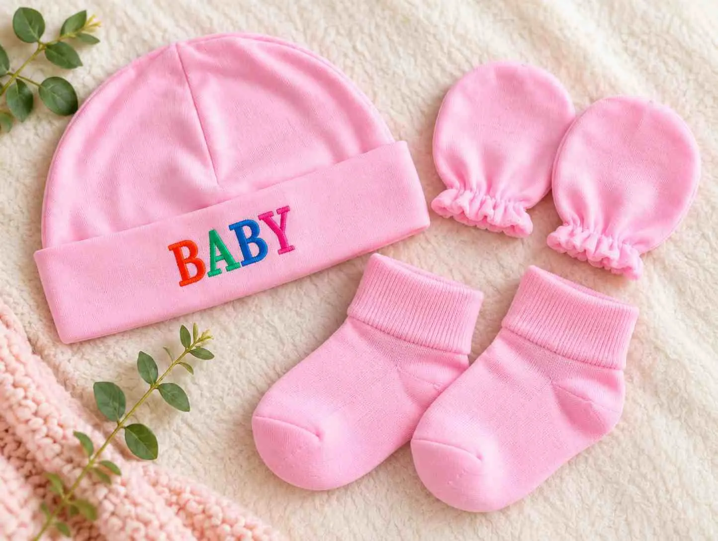 Newborn Baby Cap, Mittens & Booties Set