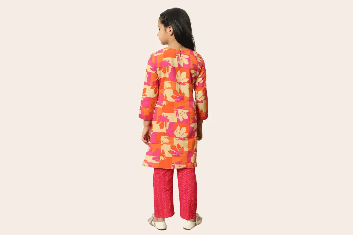 Pink Printed Cotton Kurti & Palazzo Festive Set