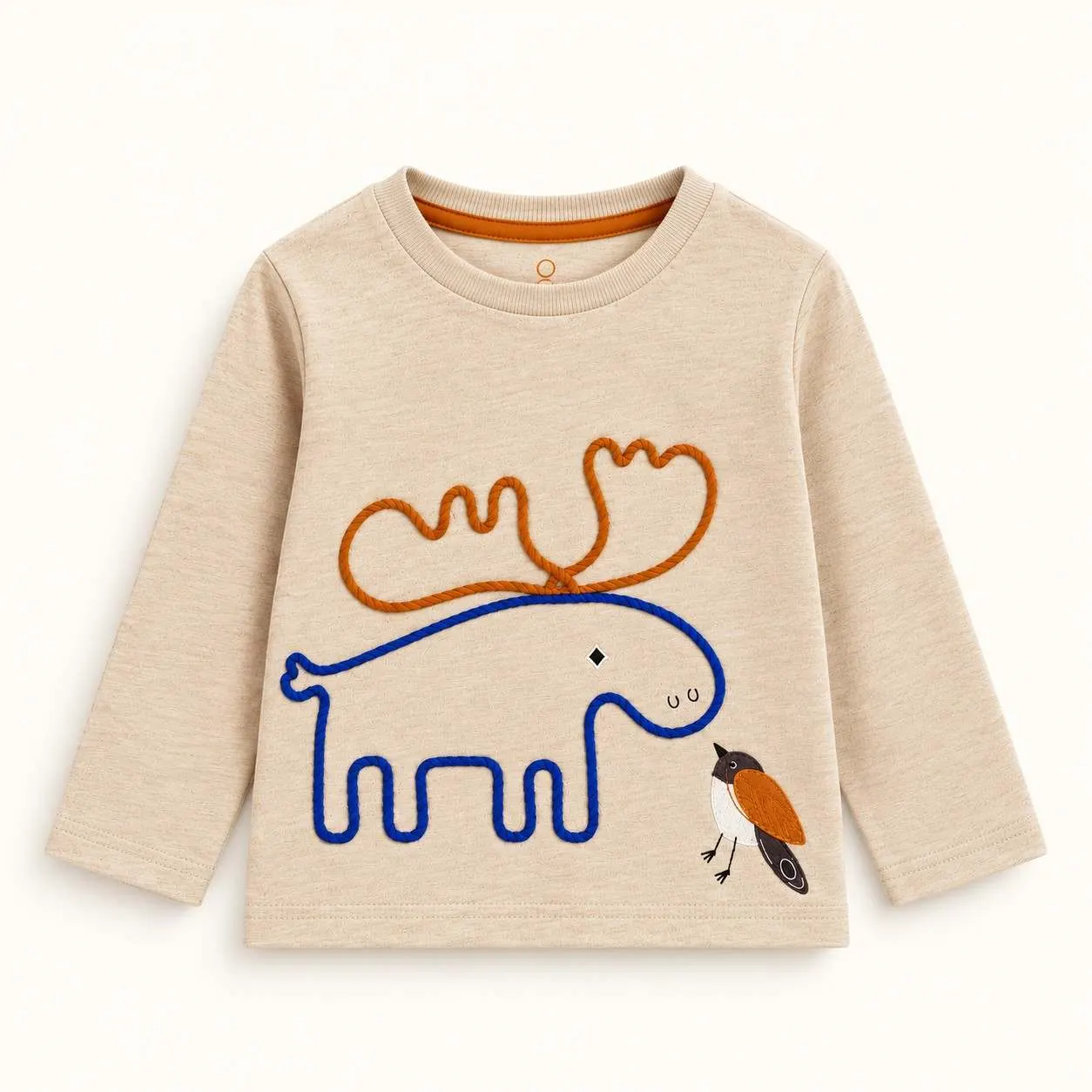Moose Embroidered Full Sleeve T-Shirt - Beige