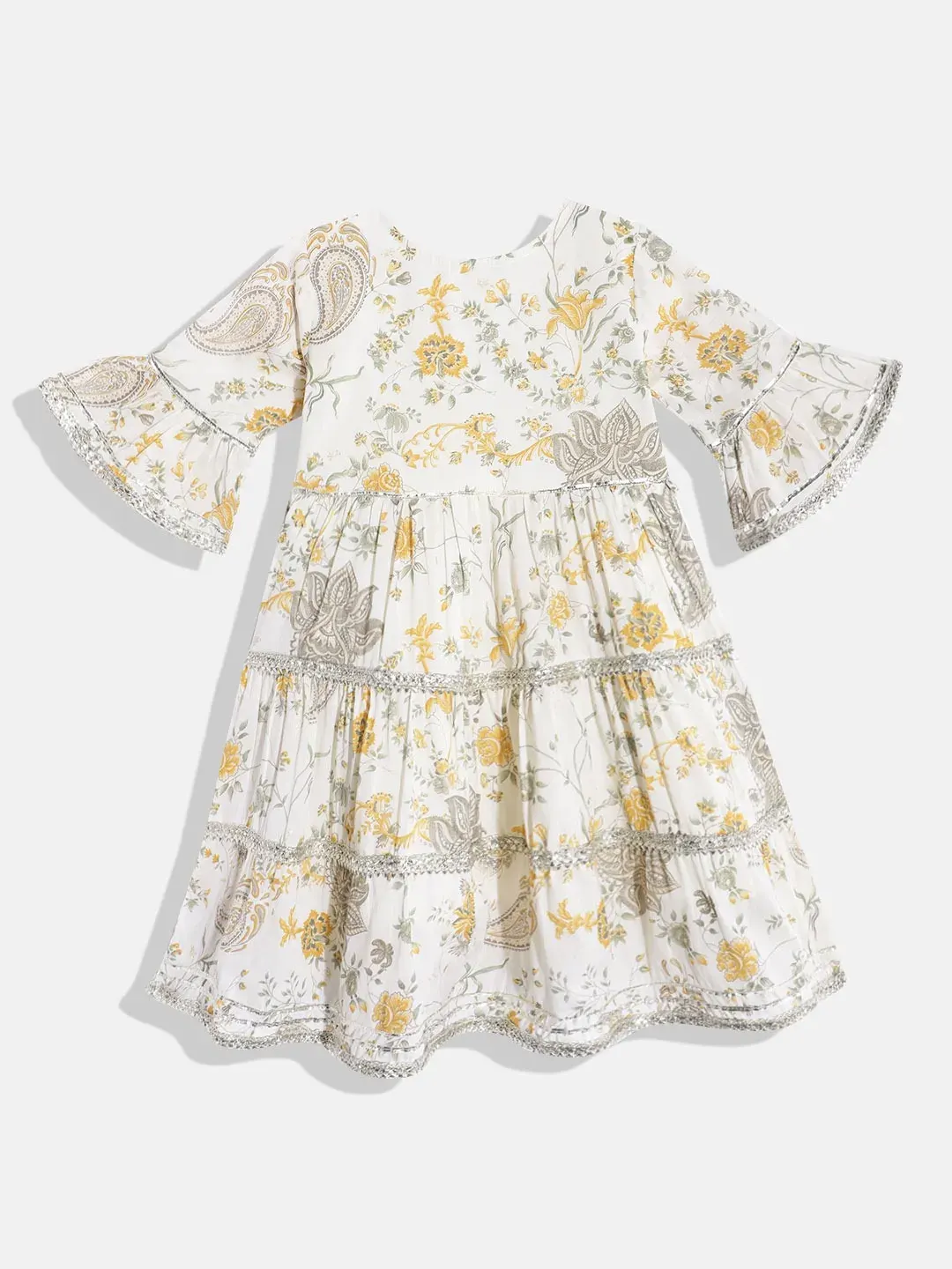 Aarvi Cream Floral Tiered Cotton Dress