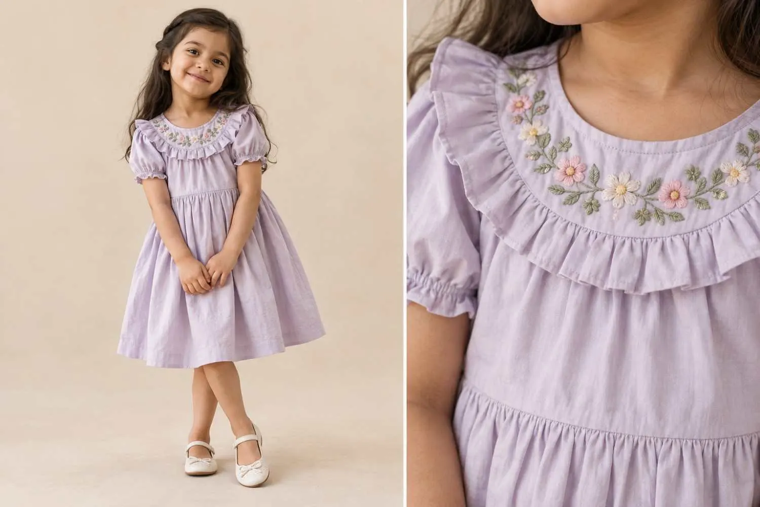 cotton poplin dress with ruffle neckline embroidery