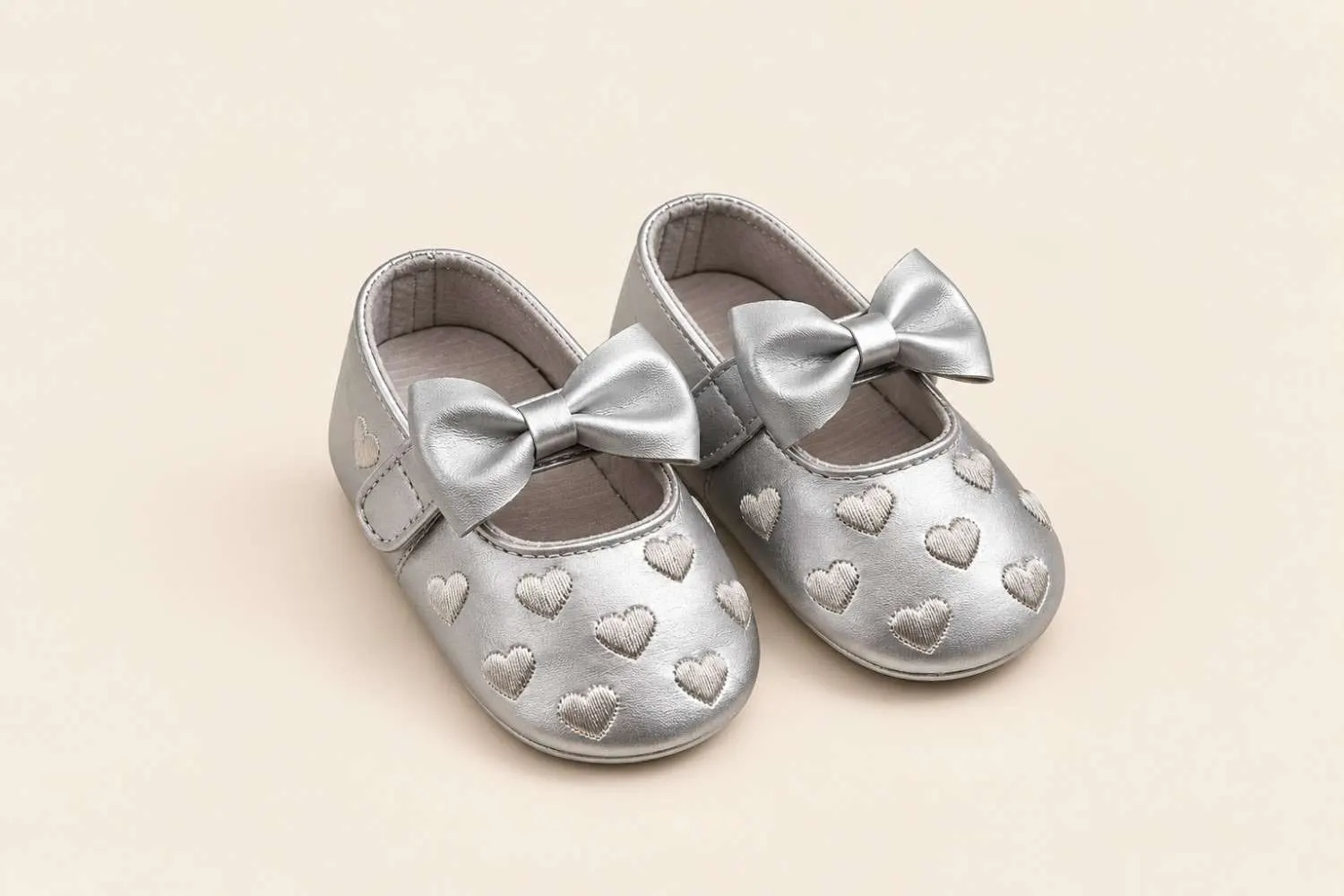 Silver Heart Bow Baby Girl Shoes