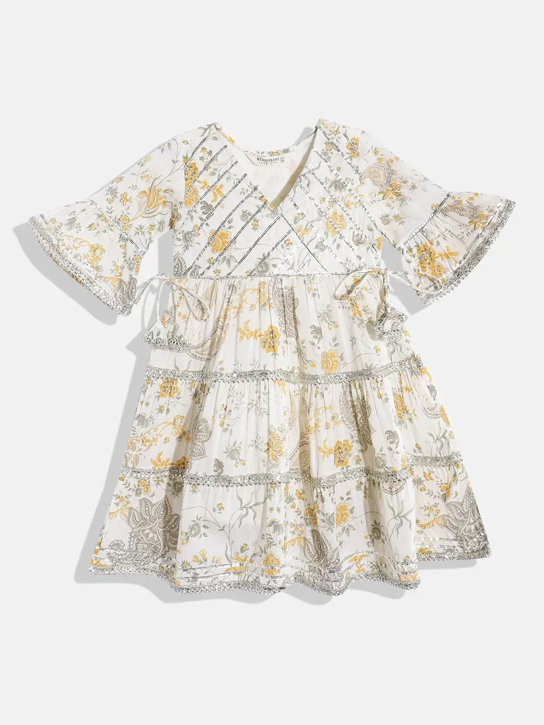 Aarvi Cream Floral Tiered Cotton Dress