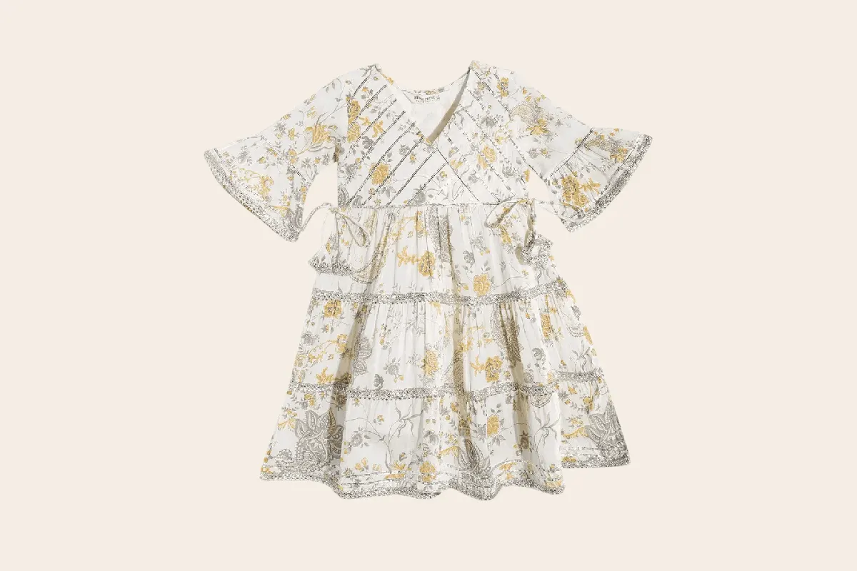 Aarvi Cream Floral Tiered Cotton Dress