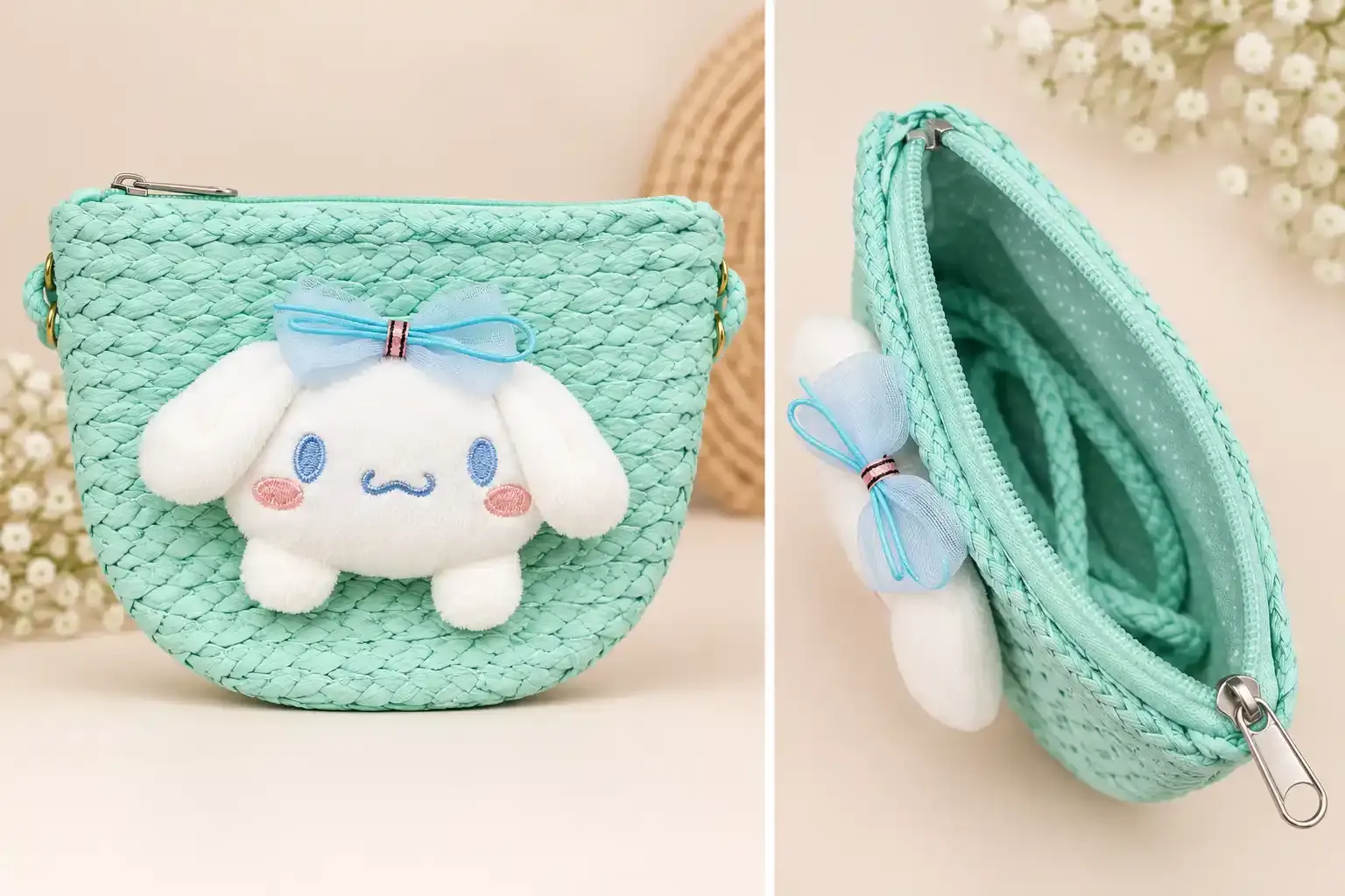 Aqua Jute Sling Bag for Girls with Plush Bunny