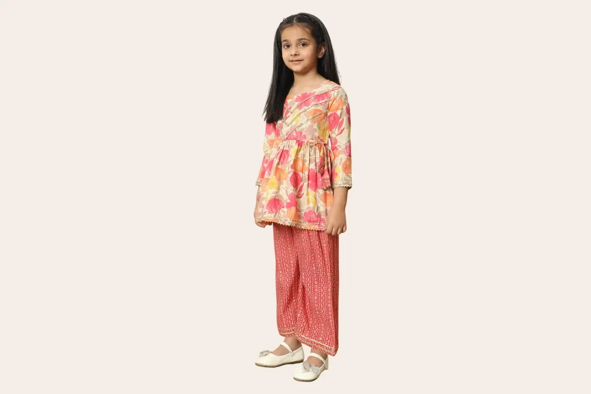 Pink Floral Silk Kurti & Palazzo Festive Set