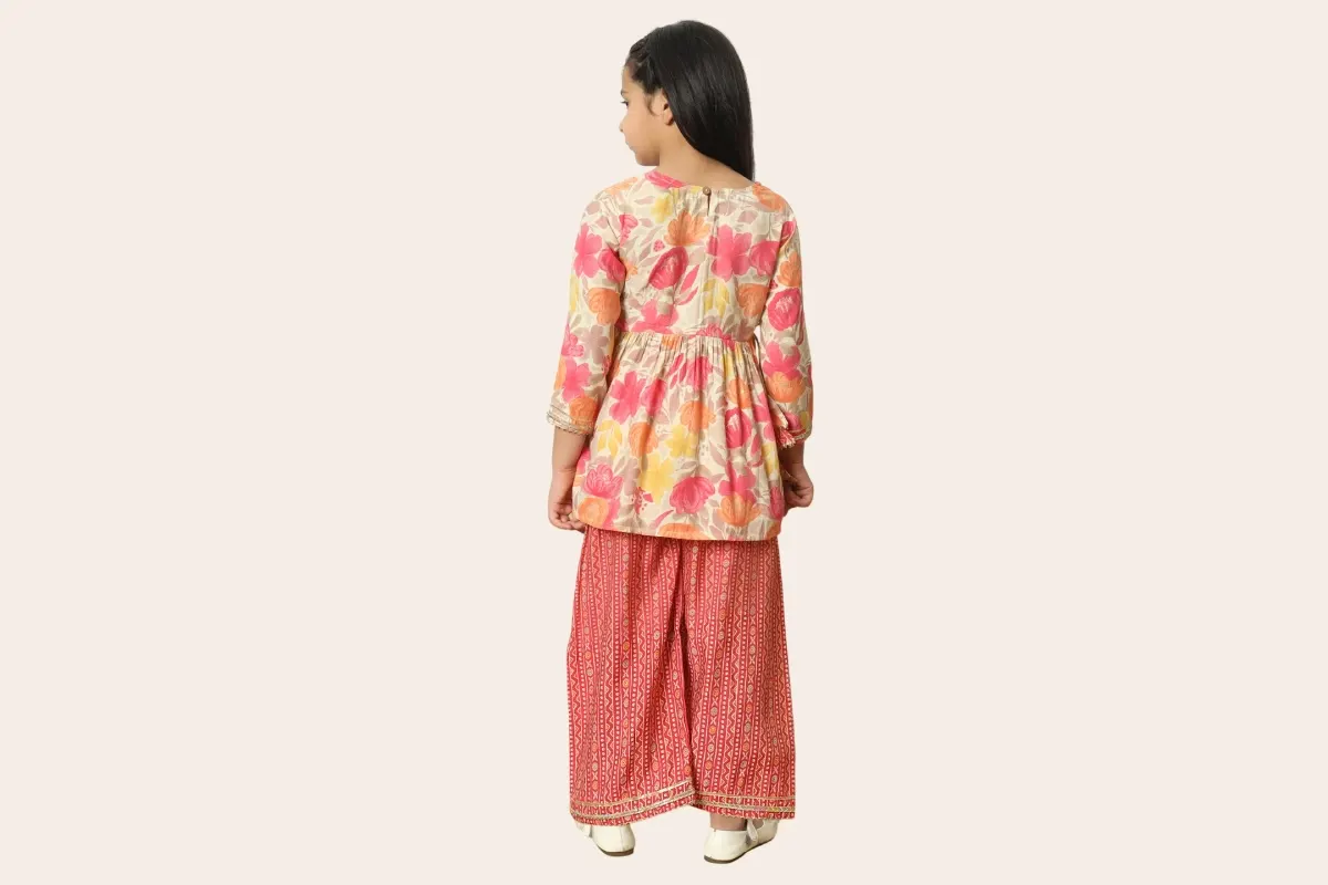 Pink Floral Silk Kurti & Palazzo Festive Set