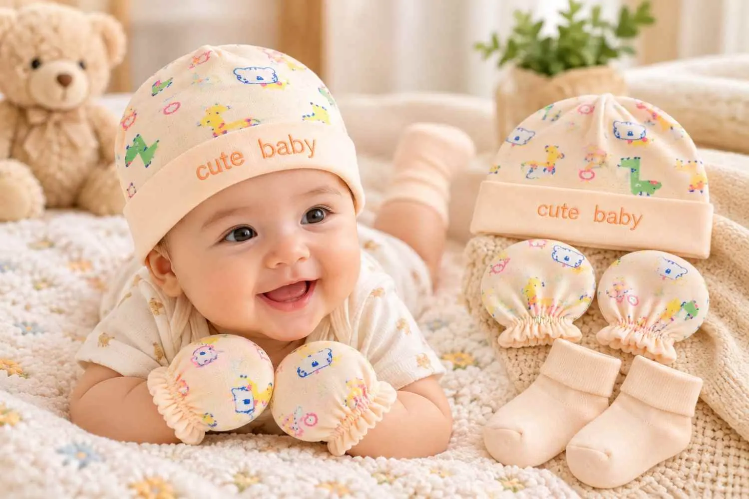Newborn Baby Cap, Mittens & Booties